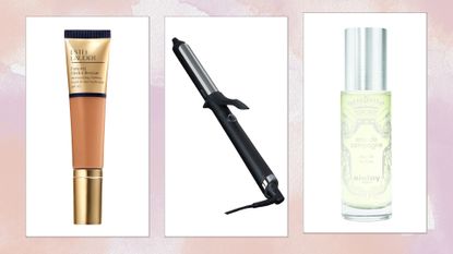 Collage of Estée Lauder foundation, ghd curling wand and Sisley perfume on a pink watercolour background