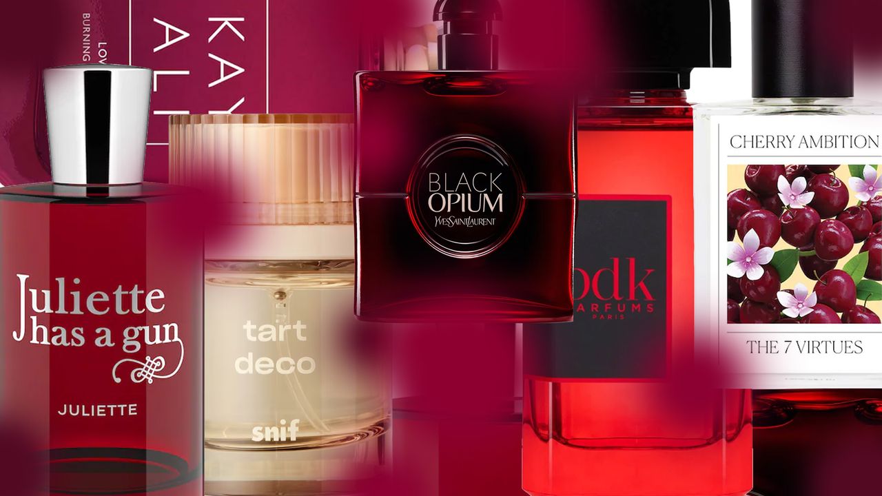 product collage of Kayali Lovefest Burning Cherry, Juliette Has a Gun Juliette Eau de Parfum, BDK Parfums Rouge Smoking Extrait, YSL Black Opium Eau de Parfum Over Red, The 7 Virtues Cherry Ambition Eau de Parfum, Snif Tart Deco Eau de Toilette on dark red gradient background 