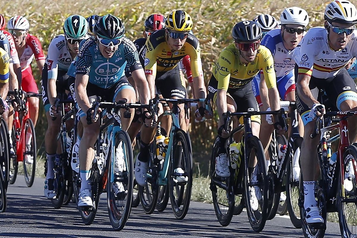 Race leader Adam Yates (Mitchelton-Scott) and Jumbo-Visma’s Wout van Aert – who would win the stage – formed part of the front group on a windy stage 7 of the 2020 Tour de France