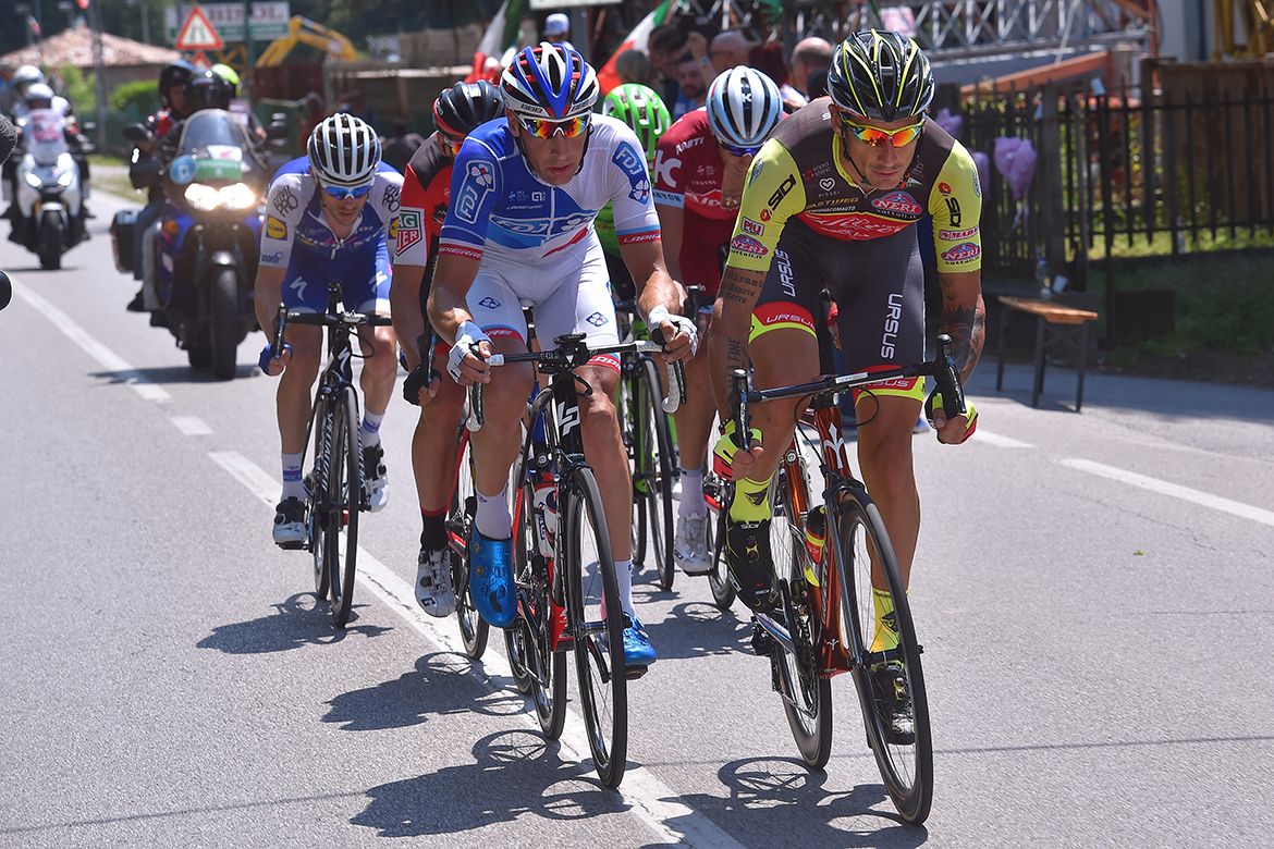 Filippo Pozzato leads the way in the break on stage 20 of the Giro d'Italia.