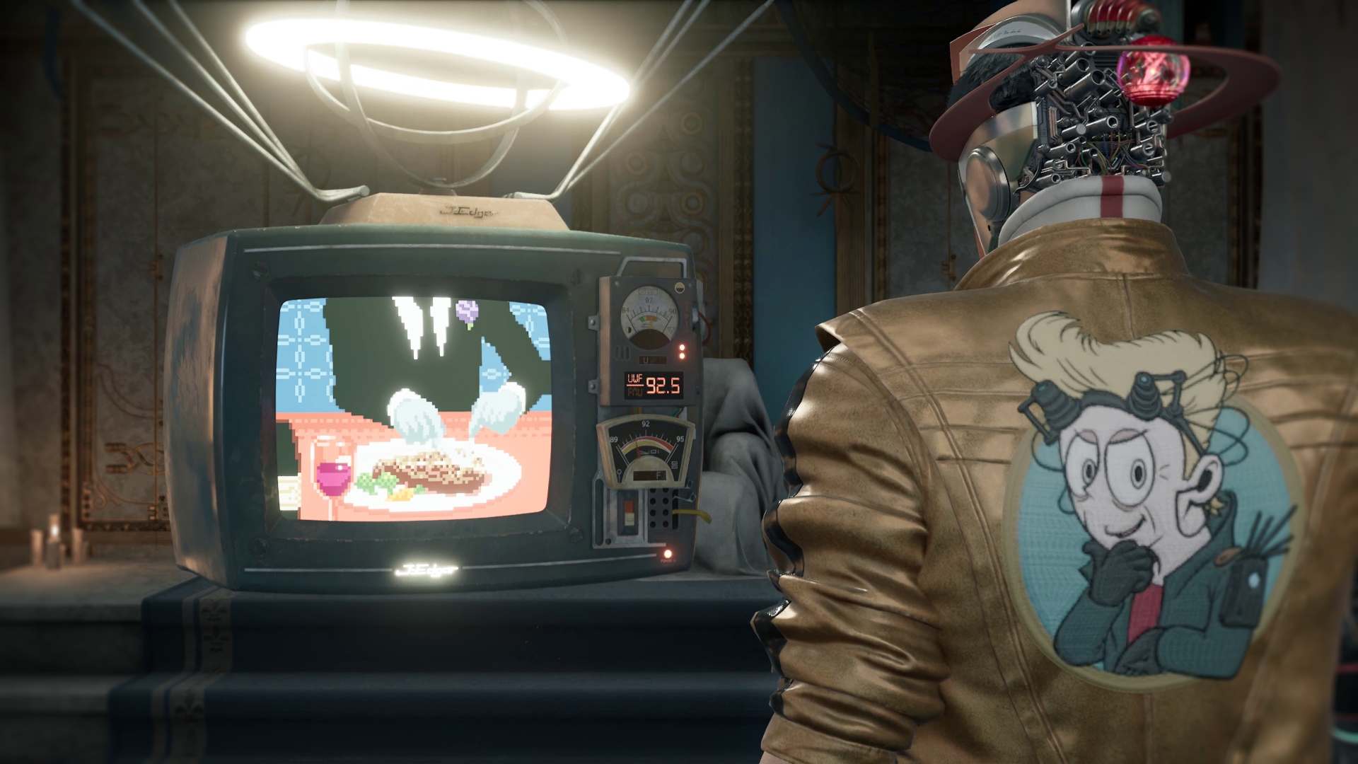 Romeo examines a floating tube television. A pixelated image of a man eating steak appears on the screen.