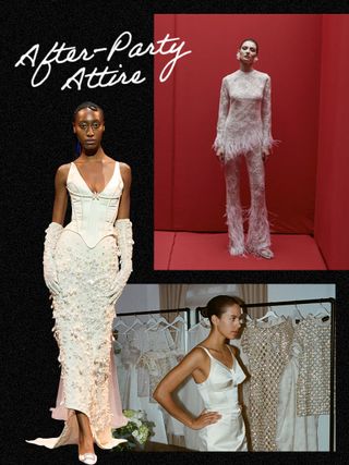 A collage of images featuring wedding after-party dresses.