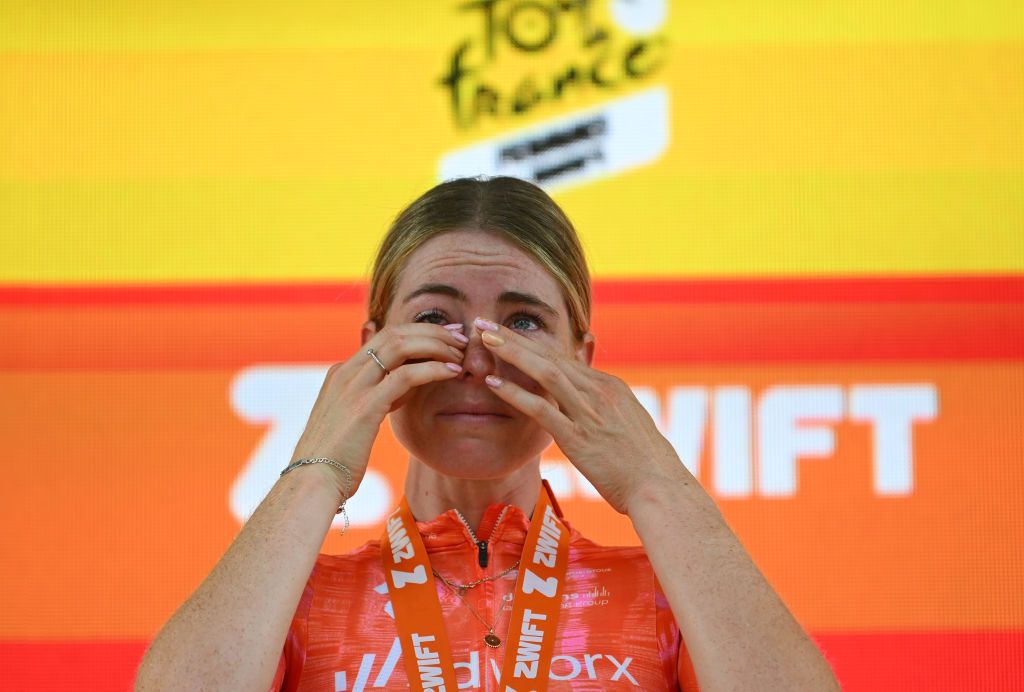 ROTTERDAM NETHERLANDS AUGUST 13 Demi Vollering of The Netherlands and Team SD Worx Protime reacts at podium as stage winner during the 3rd Tour de France Femmes 2024 Stage 3 a 679km individual time trial stage from Rotterdam to Rotterdam UCIWWT on August 13 2024 in Rotterdam Netherlands Photo by Dario BelingheriGetty Images