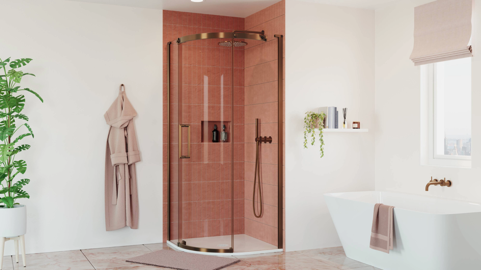 Bathroom with pink tiled quadrant shower enclosure