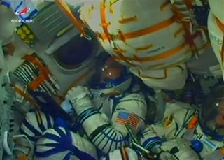 NASA astronaut Chris Cassidy awaits liftoff inside the Soyuz MS-16 spacecraft ahead of a successful launch from Baikonur Cosmodrome, Kazakhstan on April 9, 2020.