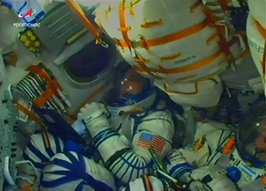 NASA astronaut Chris Cassidy awaits liftoff inside the Soyuz MS-16 spacecraft ahead of a successful launch from Baikonur Cosmodrome, Kazakhstan on April 9, 2020.