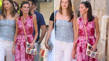 Composite of pictures of Queen Letizia of Spain with a crochet bag walking around Mallorca in 2024