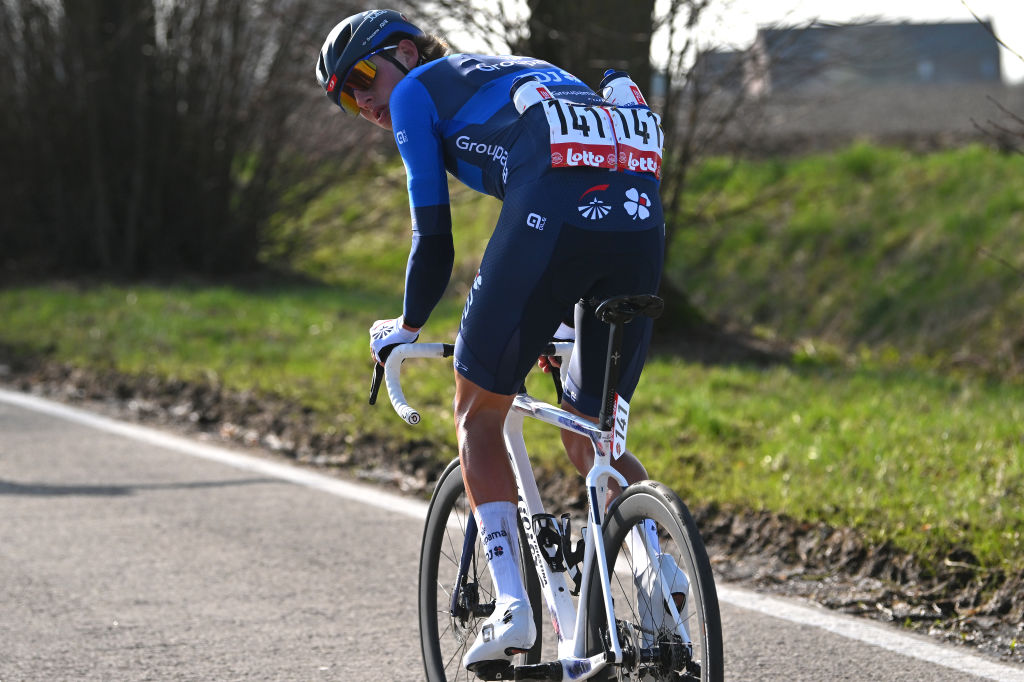 DOUR BELGIUM FEBRUARY 27 Laurence Pithie of New Zealand and Team Equipe continentale GroupamaFDJ competes during the 56th Le Samyn 2024 a 2043km one day race from Quaregnon to Dour on February 27 2024 in Dour Belgium Photo by Luc ClaessenGetty Images