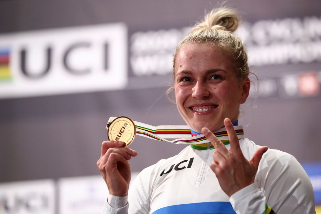 BERLIN GERMANY MARCH 01 Emma Hinze of Germany celebrates on the podium after winning Womens Keirin Final during day 5 of the UCI Track Cycling World Championships Berlin at Velodrom on March 01 2020 in Berlin Germany Photo by Maja HitijGetty Images