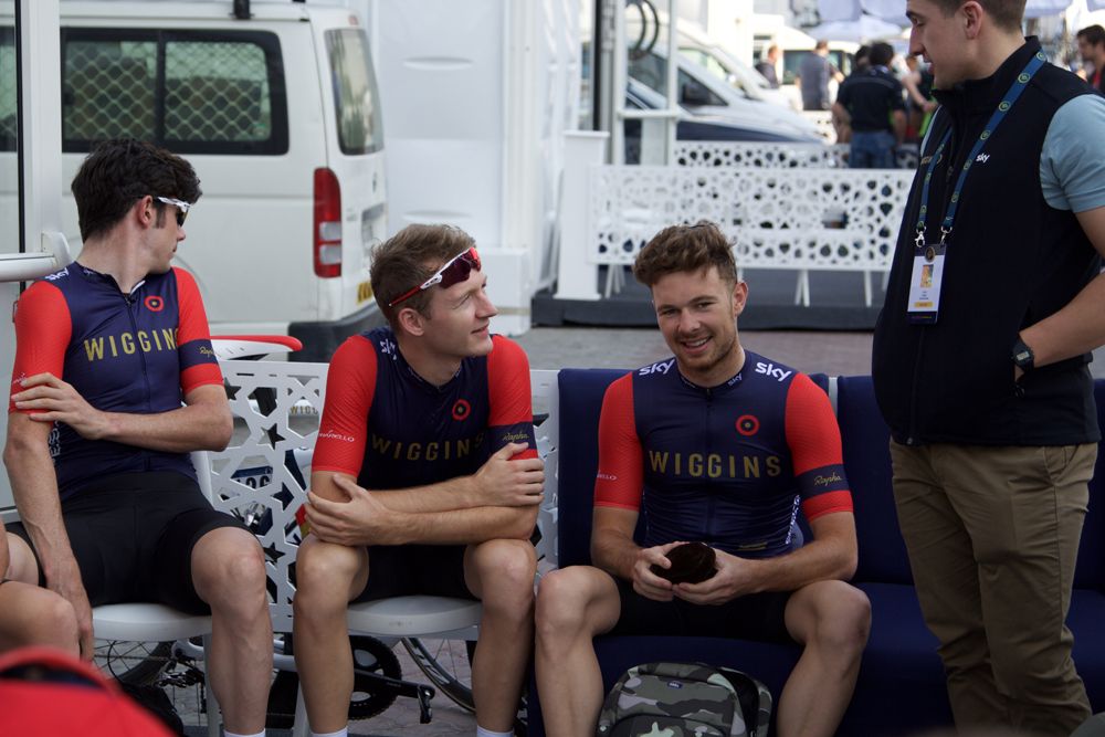 The Team Wiggins riders relax ahead of the stage