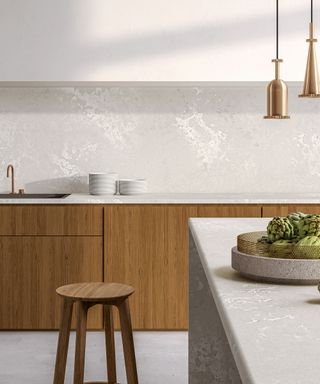 Kitchen backsplash made from quartz and wood cabinet