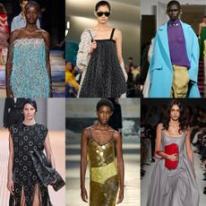 a collage of spring 2024 runway looks featuring maximalist fashion trends