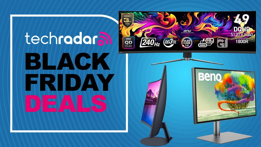 A selection of monitors on a blue background with concentric circles and a badge on the left containing techradar logo and text reading &quot;BLACK FRIDAY DEALS&quot;