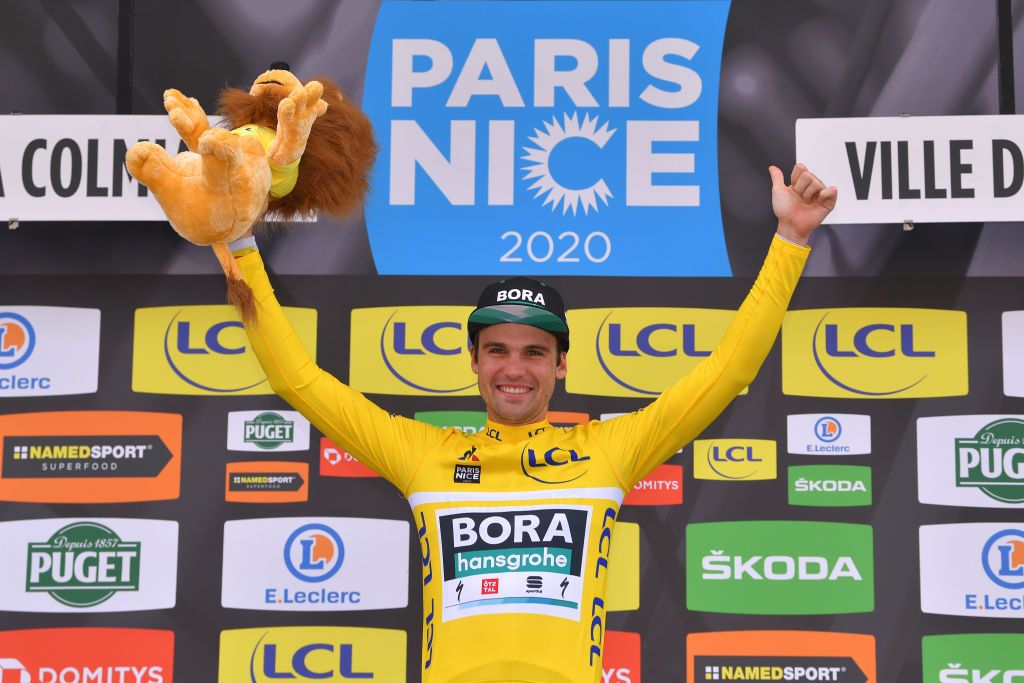 VALDEBLORE LA COLMIANE FRANCE MARCH 14 Podium Maximilian Schachmann of Germany and Team Bora Hansgrohe Yellow Leader Jersey Celebration Trophy Lion Mascot during the 78th Paris Nice 2020 Stage 7 a 1665km stage from Nice to Valdeblore La Colmiane 1500m Paris Nice 2020 final stage as part of the fight against the spread of the Coronavirus ParisNice parisnicecourse PN on March 14 2020 in Valdeblore La Colmiane France Photo by Luc ClaessenGetty Images