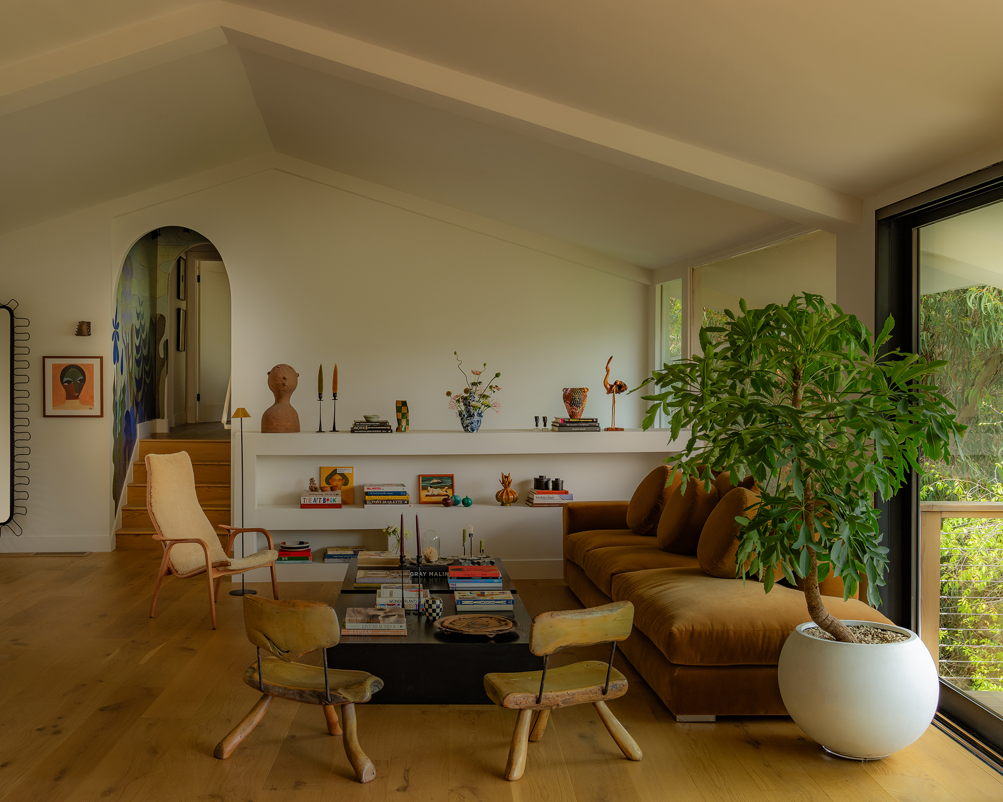 living room with indoor tree in a white planter