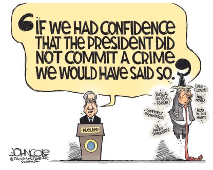 Political Cartoon U.S. Mueller Statement Hanging Trump on a Comma