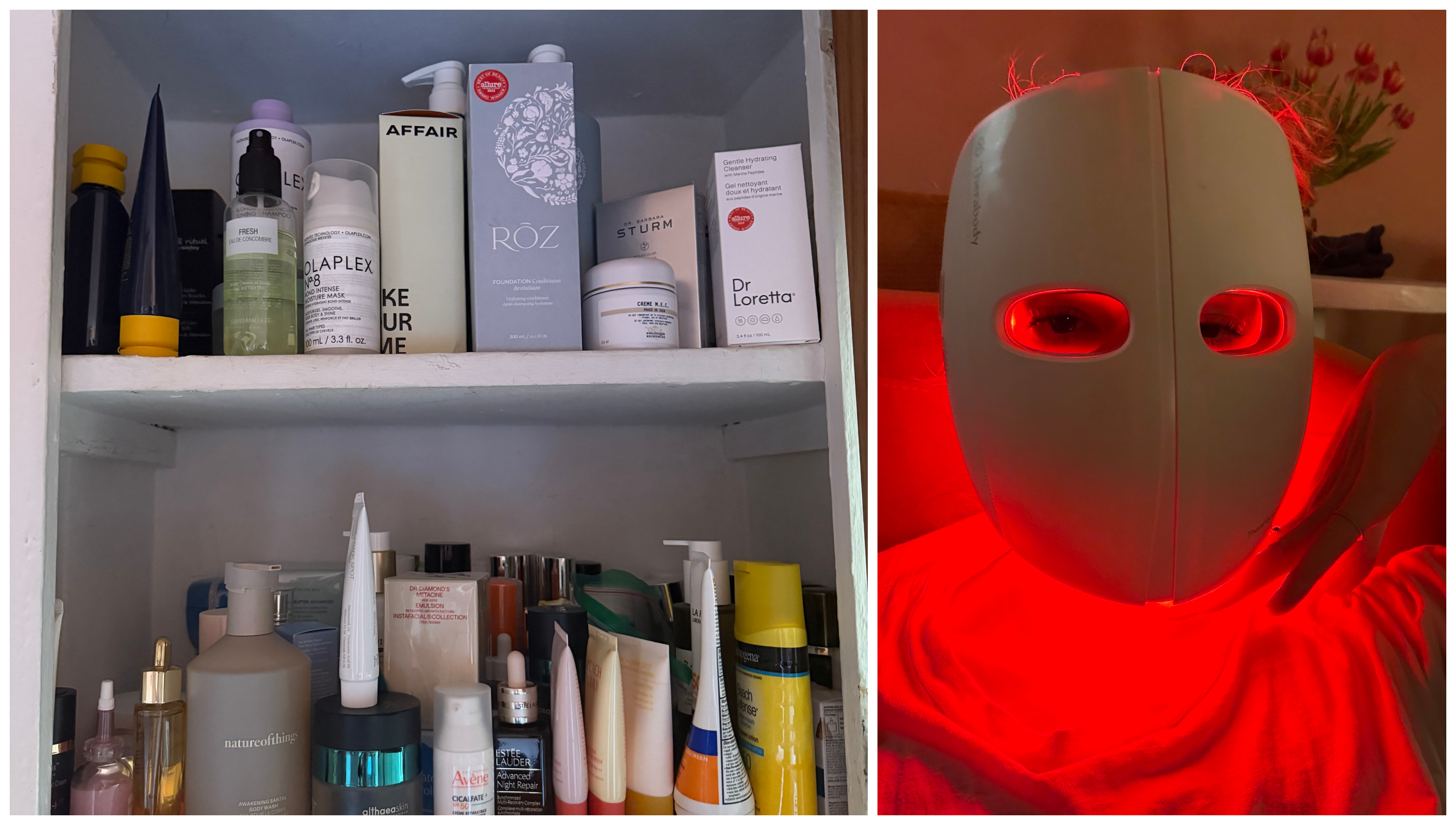 a cabinet of beauty products next to a woman in a red LED mask