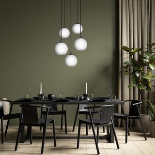 dining room table with contemporary chandelier