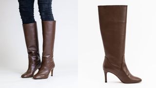 composite of allkind vegan chloe brown boots flat lay and on model