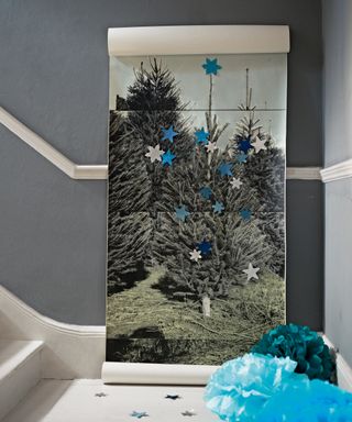 Alternative Christmas tree ideas with temporary wallpaper depicting a photograph of a pine tree