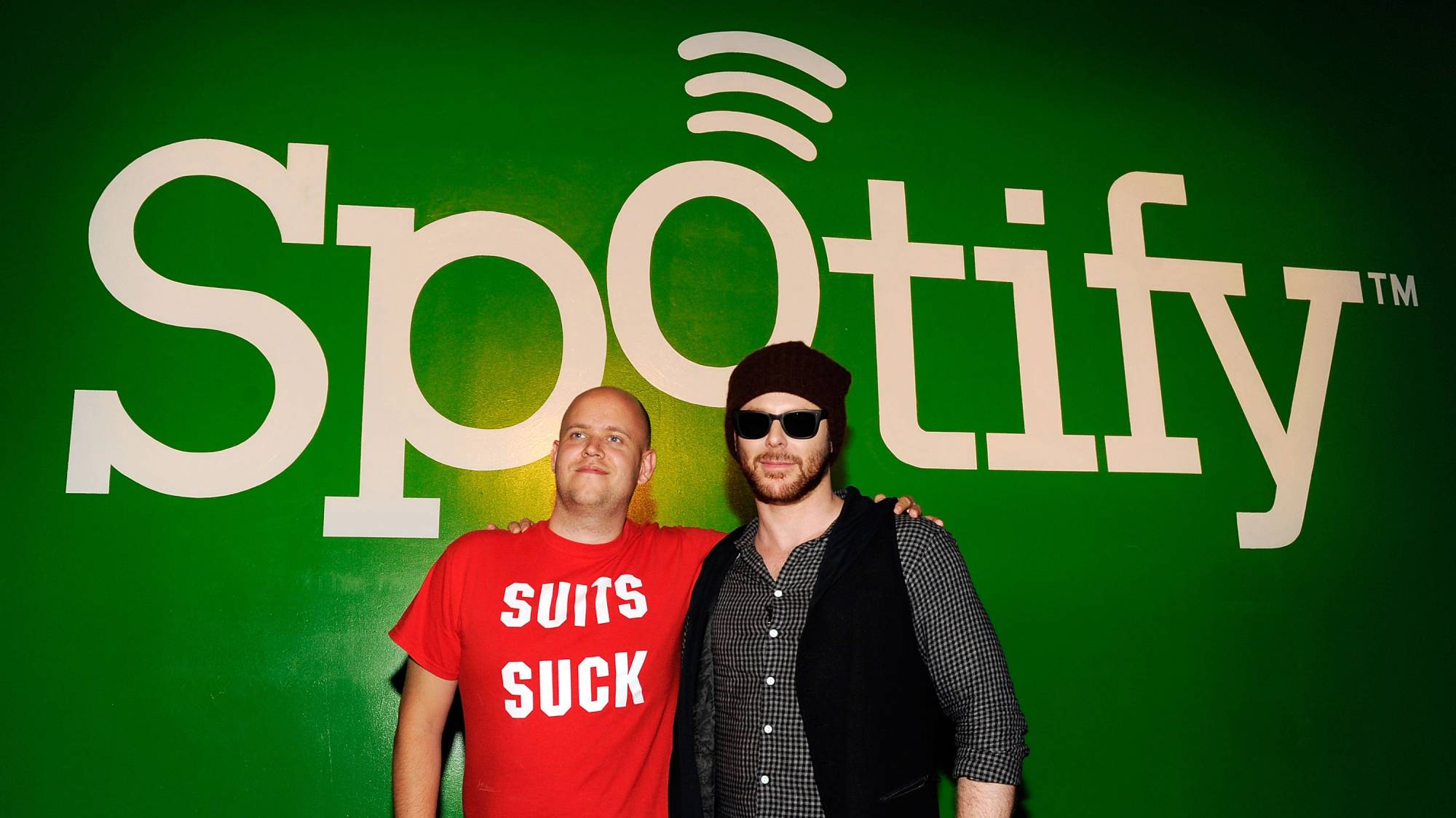 Spotify CEO Daniel Ek (L) and Entrepreneur Sean Parker pose at Sean Parker's Celebration of Music on September 22, 2011