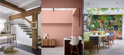 Three examples of basement ceiling ideas. Traditional beamed and paneled wooden ceiling. Pink painted ceiling in basement kitchen. Basement kitchen with skylight covered in artwork and plants