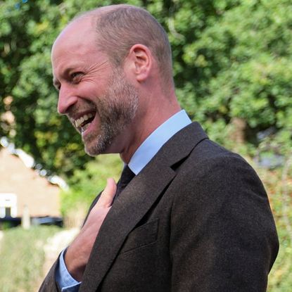 Prince William laughing while talking to a couple in Wales