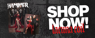 Lacuna Coil on the cover of Metal Hammer issue 397, next to an art card