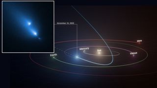 three fuzzy blue splotches of light on a black background, all appearing to leave fuzzy streaks behind them as they travel from top left to bottom right