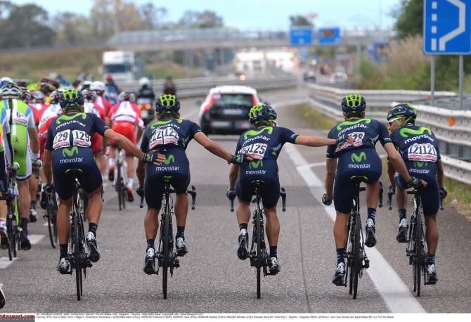 Movistar riders in a line