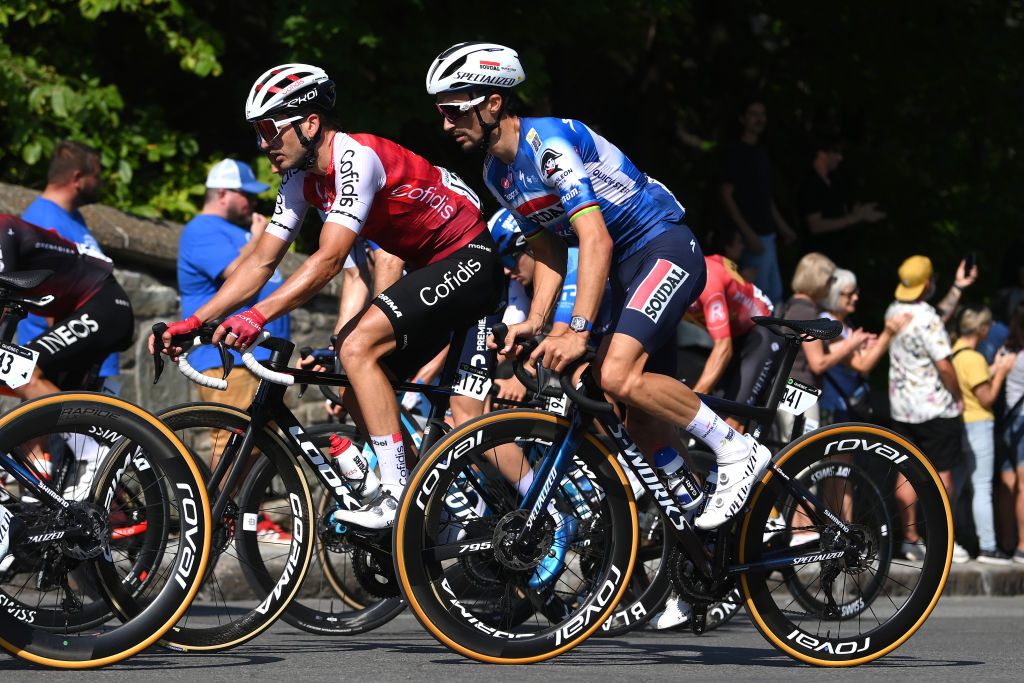 QUEBEC CITY QUEBEC SEPTEMBER 13 LR Gorka Izagirre of Spain and Team Cofidis and Julian Alaphilippe of France and Team Soudal QuickStep compete during the 13th Grand Prix Cycliste de Quebec 2024 a 2016km one day race from Quebec City to Quebec City UCIWT on September 13 2024 in Quebec City Quebec Photo by Alex BroadwayGetty Images