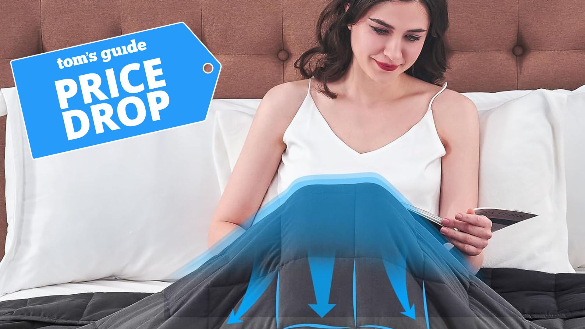  A woman reading a magazine underneath the yescool Weighted Blanket