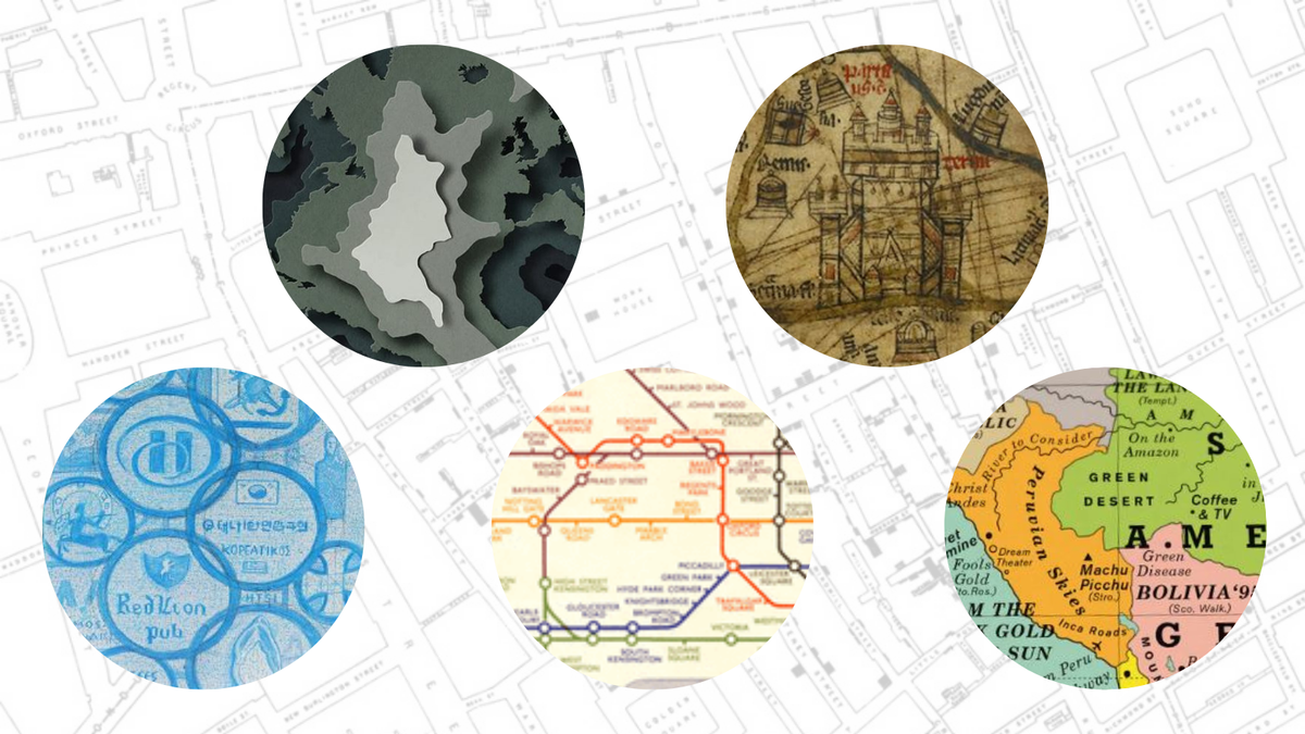 Circular sections of different map designs overlaid on cholera map by Dr John Snow