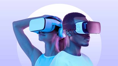 metaverse man and woman with virtual reality headsets on