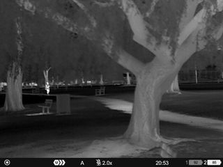 Black and white thermal images of people and wildlife in a park taken on a Pulsar Merger LRF XP35 binocular