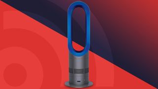 Dyson AM09 Hot + Cool Fan Heater against a red and blue background