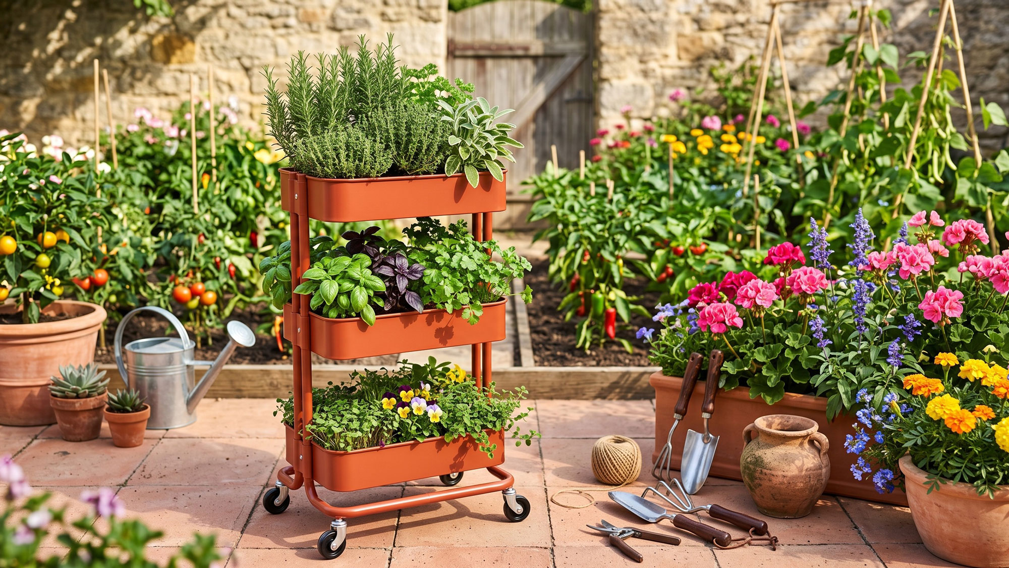 IKEA Raskog trolley holding herbs and plants in courtyard with pink geraniums and other plants