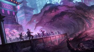 Art from Invoke Despair Magic The Gathering, a purple wave washes over a city