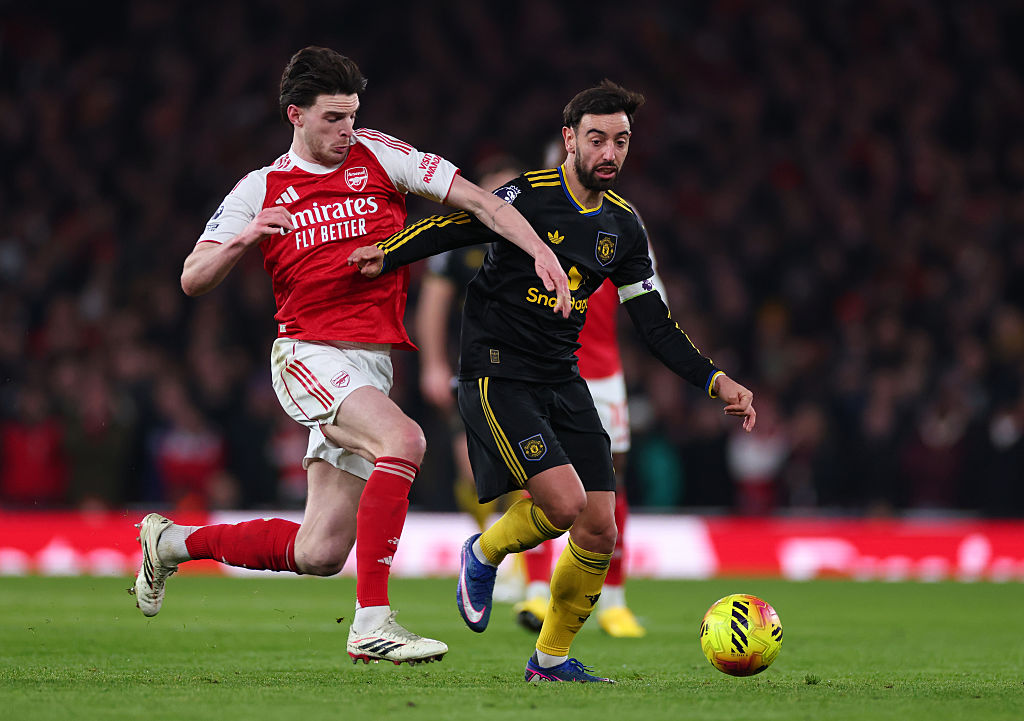 Declan Rice battles Bruno Fernandes