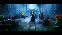 The singer Laufey performing in a moody CG forest inside of Fortnite.
