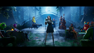 The singer Laufey performing in a moody CG forest inside of Fortnite.