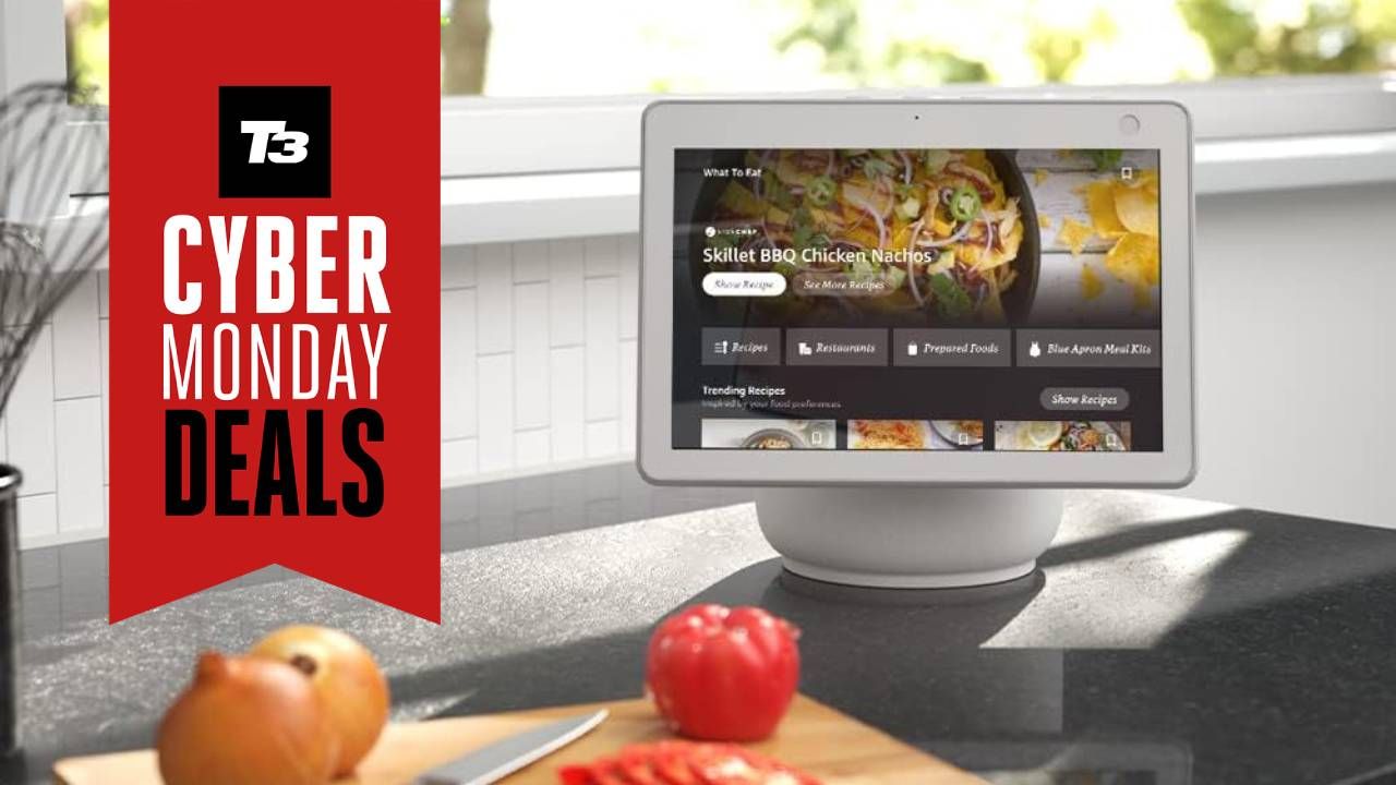 The Echo Show 10 sitting in the kitchen with a T3 Cyber Monday deals badge