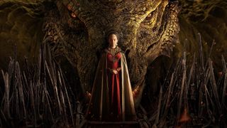 Princess and future Queen Rhaenyra Targaryen with a dragon on the background