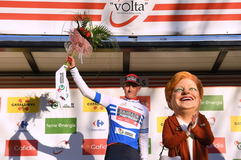 Matej Mohoric (Bahrain-Merida) in the blue jersey after stage 2 at Volta a Catalunya