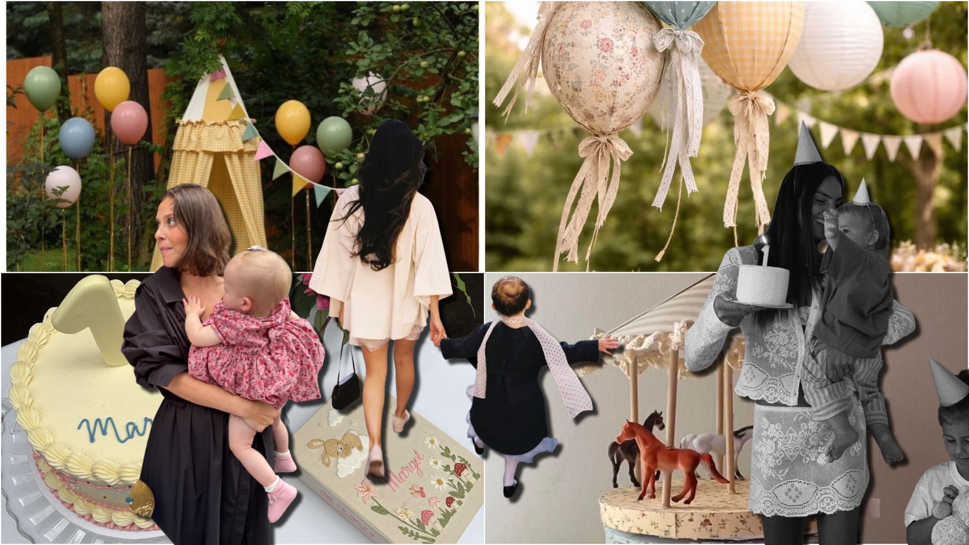 Collage of mothers and children at whimsical outdoor birthday parties with balloons, cakes, bunting, and carousel-inspired decorations.