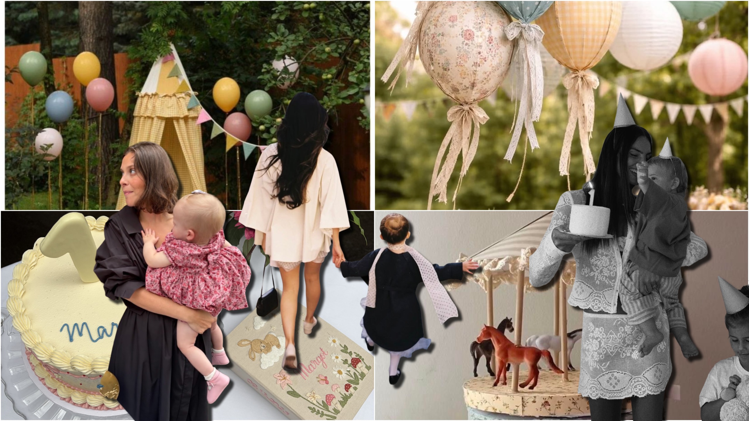 Collage of mothers and children at whimsical outdoor birthday parties with balloons, cakes, bunting, and carousel-inspired decorations.