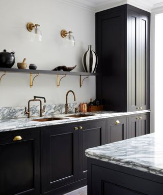 Black and white kitchen white marble countertop