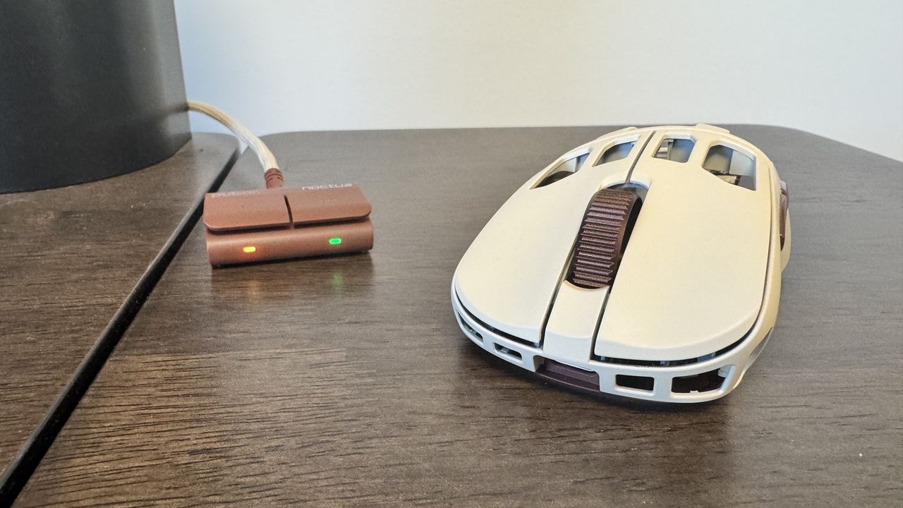 The Pulsar Feinmann F01 Noctua Edition gaming mouse from the front, next to its connector on a wooden desk