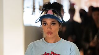 Cleopatra Coleman as V. Stiviano in a visor in Clipped episode 3