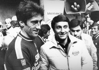 This archive picture shows cyclists Sean Kelly from Ireland and Giuseppe Saronni from Italy at the technical check of the bikes ahead of the 73rd edition of the one day cycling race MilanSan Remo in Milan Italy on Friday 19 March 1982BELGA PHOTO BELGA ARCHIVES Photo credit should read BELGA ARCHIVESAFP via Getty Images